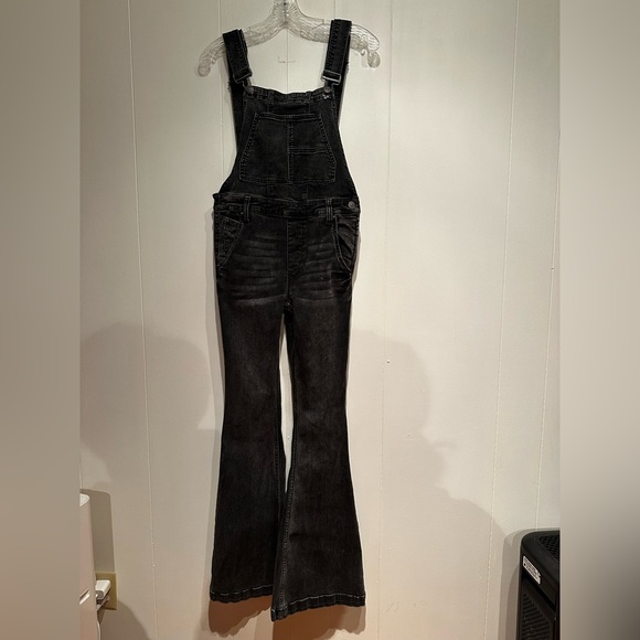 Free People Flare Denim Overalls Bell Bottom Stretch Retro 70s Boho Jumpsuit 27 - Picture 3 of 7